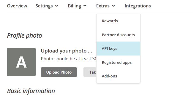 Navigating to the API keys section of the MailChimp dashboard